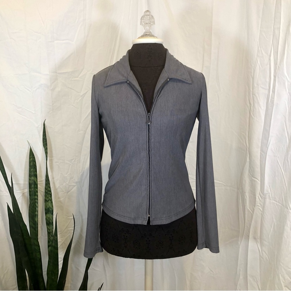 Vintage Y2K A Byer Grey Zipper Front Long Sleeve Collared Stretch Top